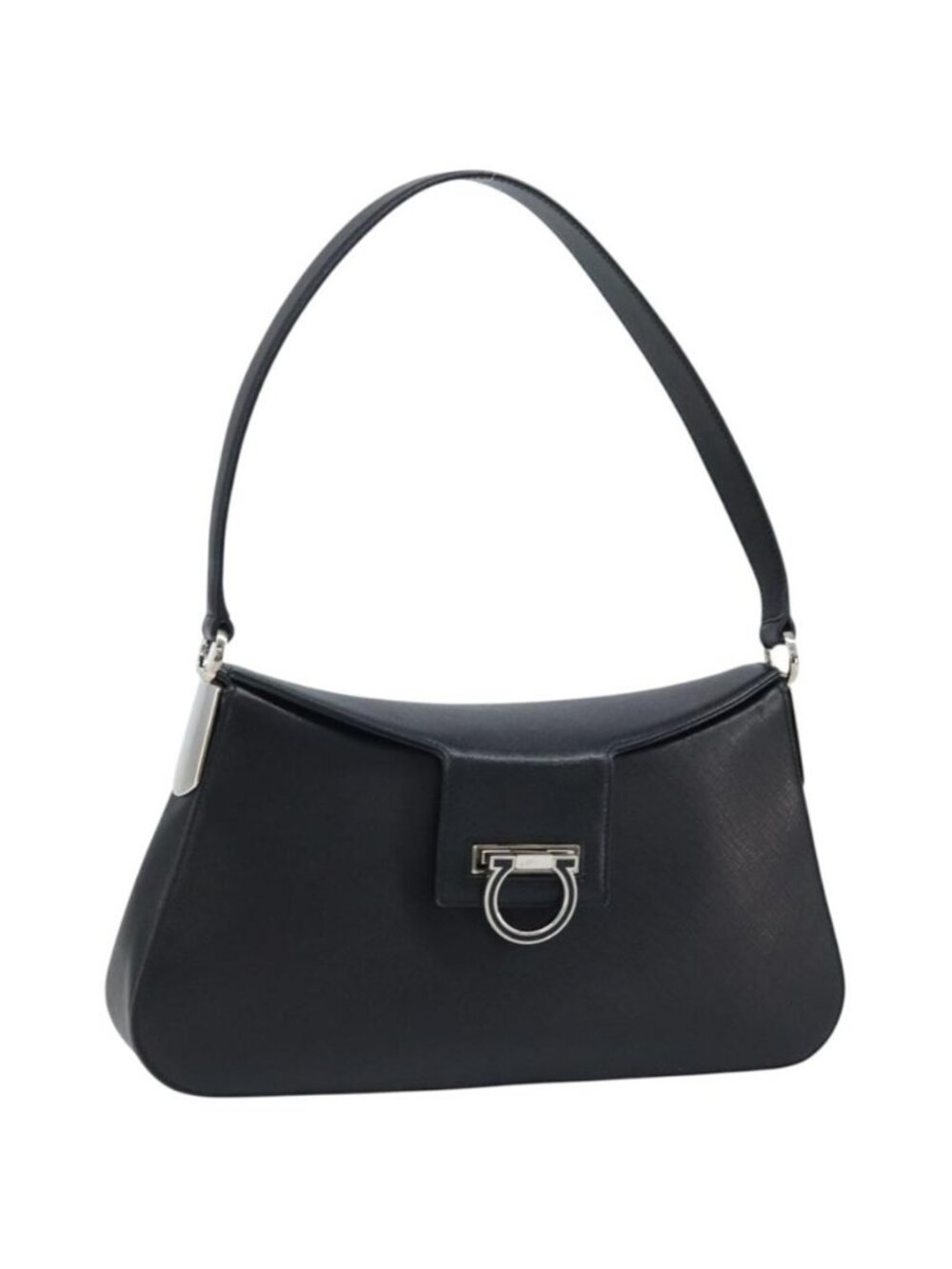 Authentic Salvatore Ferragamo Gancini Shoulder Bag Leather Black Silver